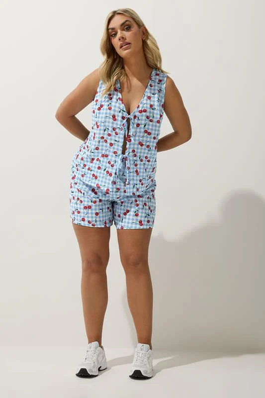LIMITED COLLECTION Curve Blue Gingham Cherry Print Tie Front Vest Top
