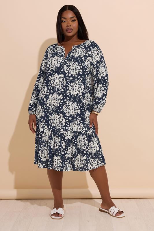 YOURS Curve Navy Blue Floral Tie Neck Tiered Midi Dress