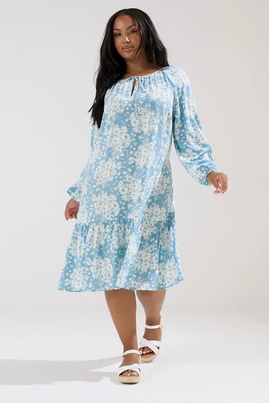 YOURS Curve Light Blue Floral Tie Neck Tiered Midi Dress