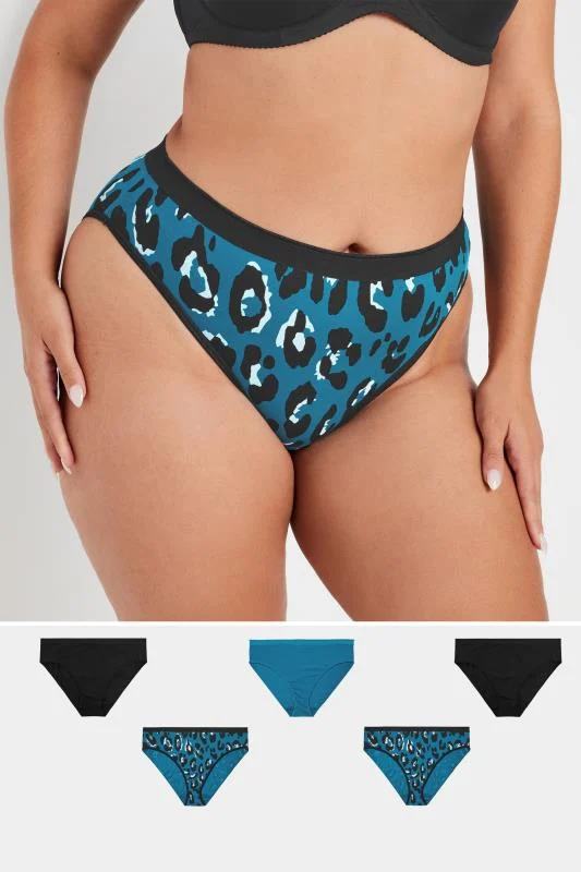 YOURS Curve 5 PACK Blue Leopard Print High Leg Knickers