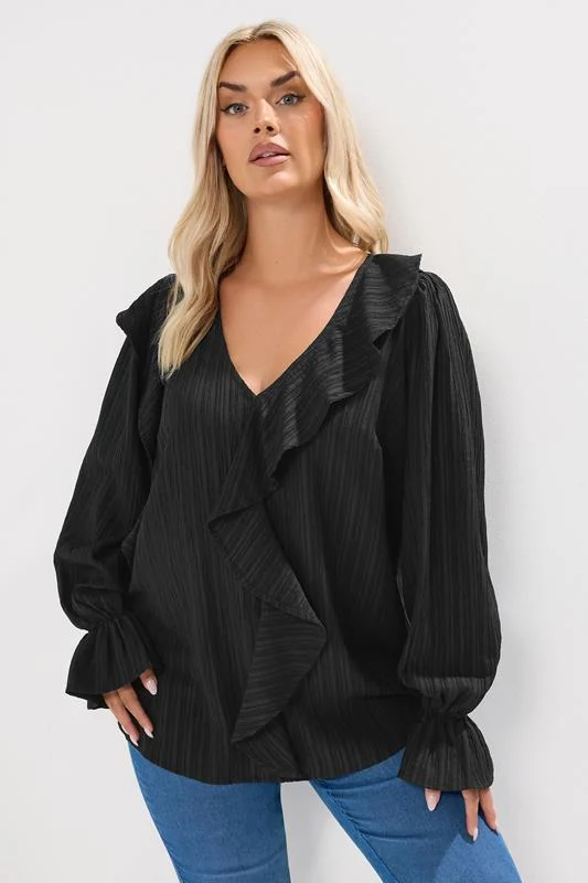 YOURS Curve Black Textured Ruffle Blouse