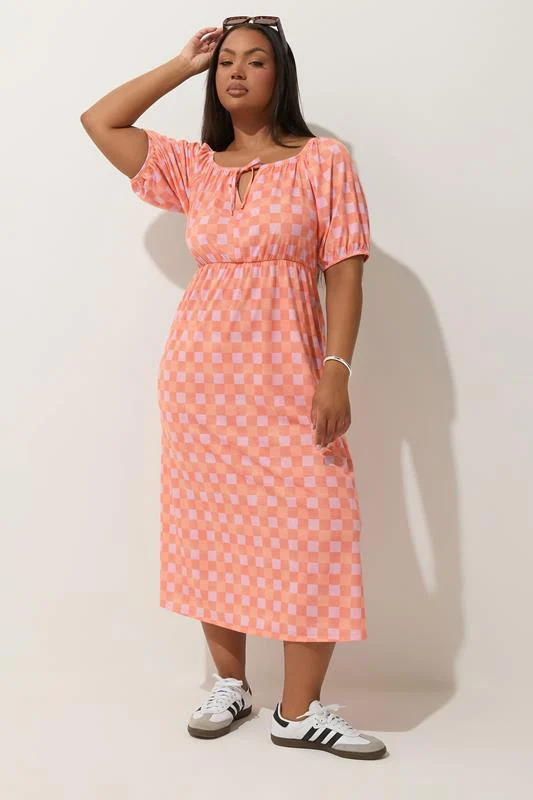LIMITED COLLECTION Curve Pink Check Print Tie Neck Midi Dress