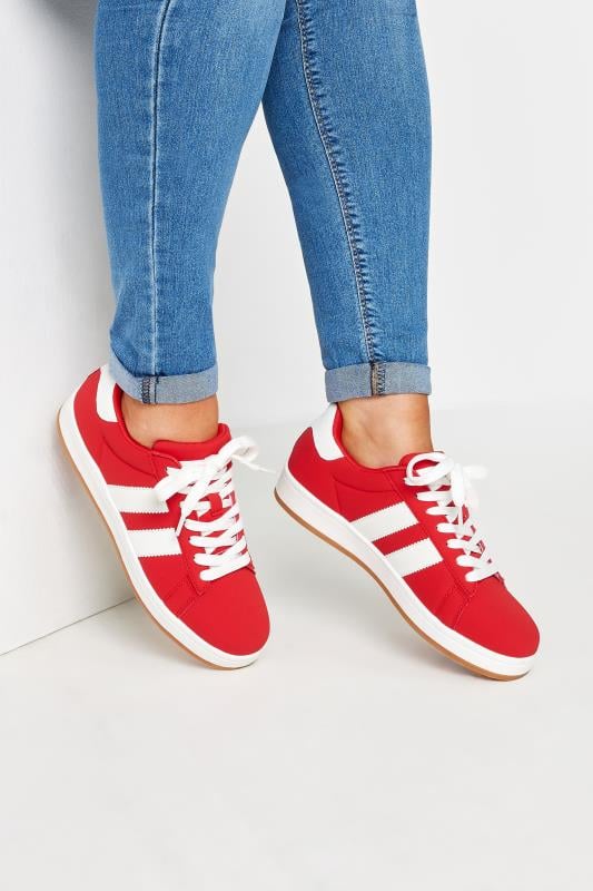 Red Padded Lace Up Trainers In Wide E Fit