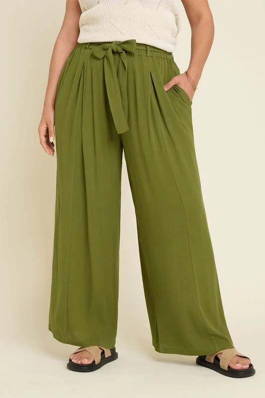 YOURS Curve Green Tie Waist Crinkle Wide Leg Trousers
