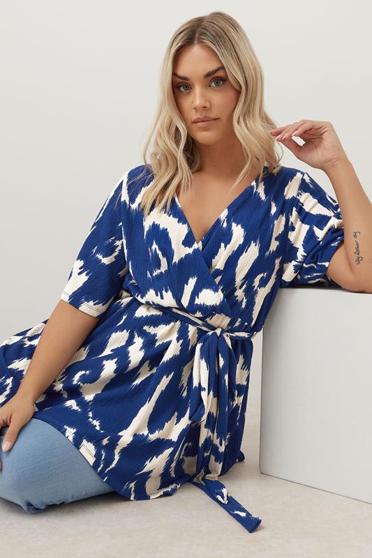 YOURS Curve Blue Abstract Textured Wrap Top
