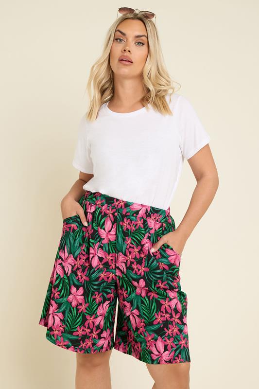 YOURS Curve Black Tropical Floral Print Jersey Shorts