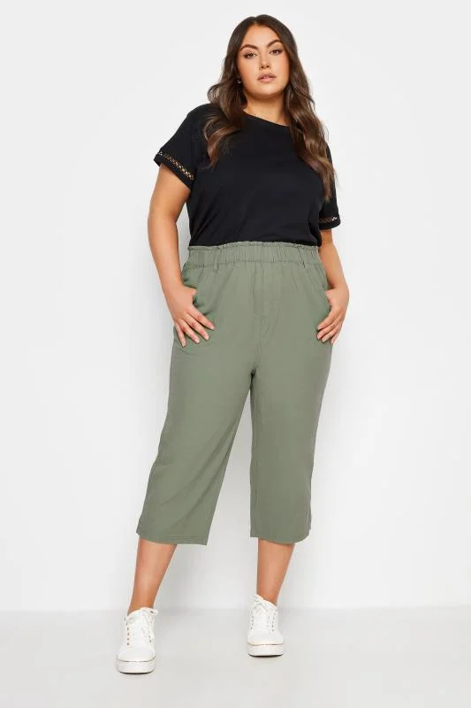 YOURS Curve Green Khaki Cool Cotton Cropped Trousers 3 YOURS Curve Green Khaki Cool Cotton Cropped Trousers