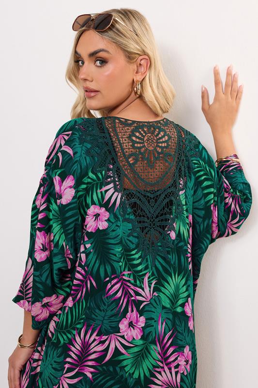 YOURS Curve Green Tropical Print Crochet Midaxi Kimono