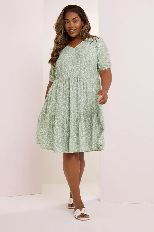 YOURS Curve Sage Green Ditsy Floral Print Tiered Mini Dress