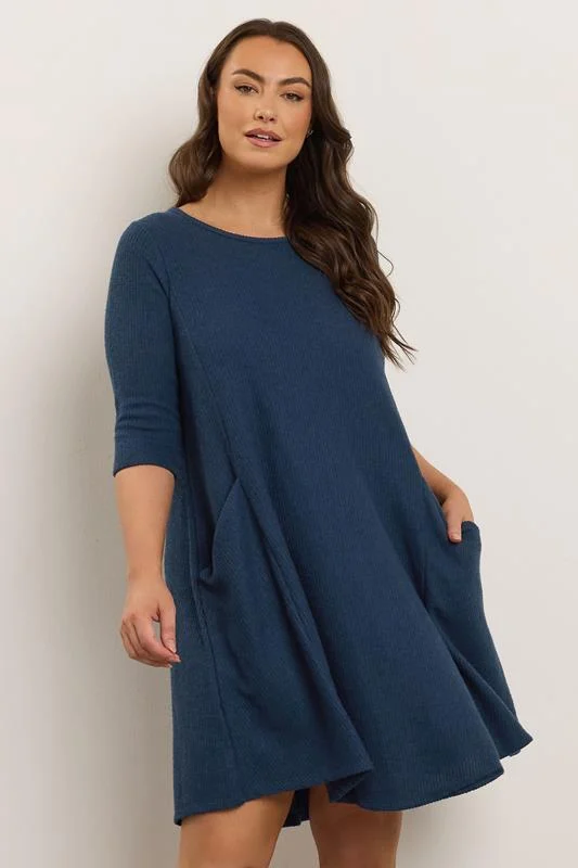 YOURS Curve Navy Blue Ribbed Pocket dress