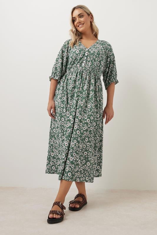 YOURS Curve Green Daisy Print V-Neck Textured Dress