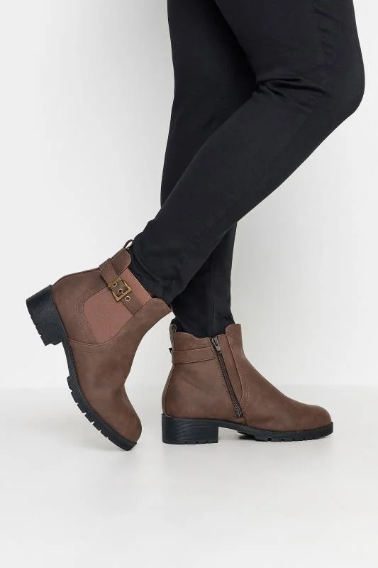 Brown Faux Leather Buckle Ankle Boots In Wide E Fit & Extra Wide EEE Fit