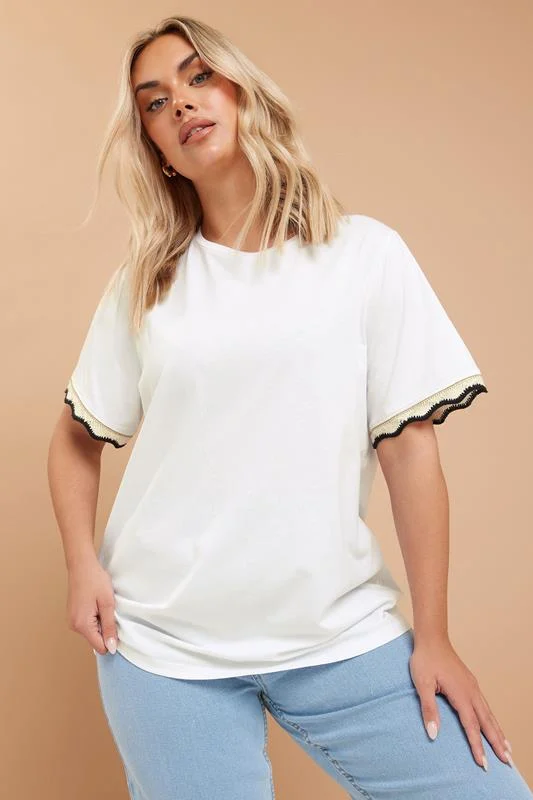 YOURS Curve White Metallic Crochet Trim T-Shirt