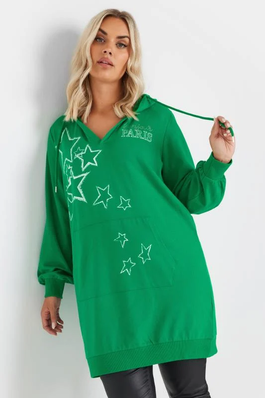 YOURS Curve Green'Paris' Star Print Longline Hoodie