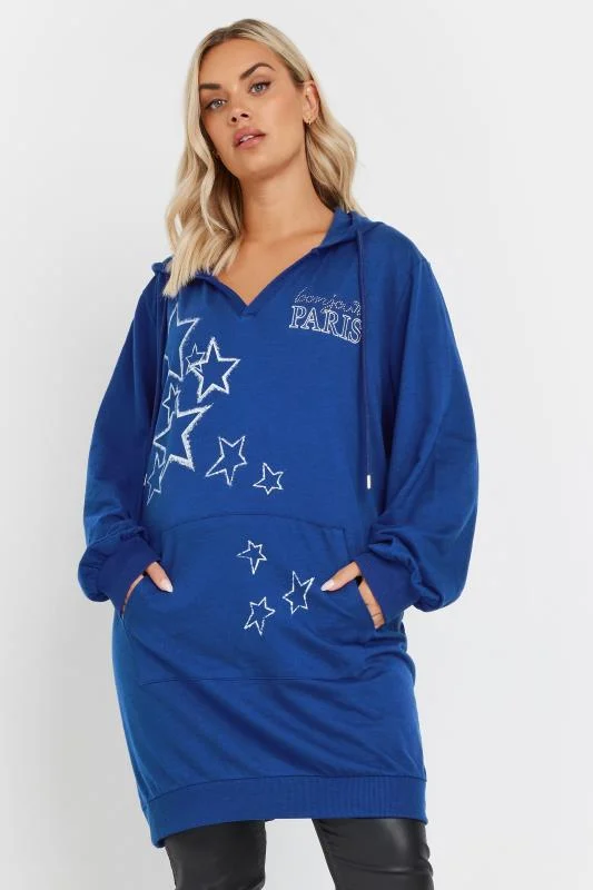 YOURS Curve Blue'Paris' Star Print Longline Hoodie