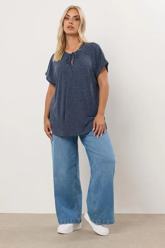 YOURS Curve Navy Blue Linen Marl Tie Front Top 3 YOURS Curve Navy Blue Linen Marl Tie Front Top
