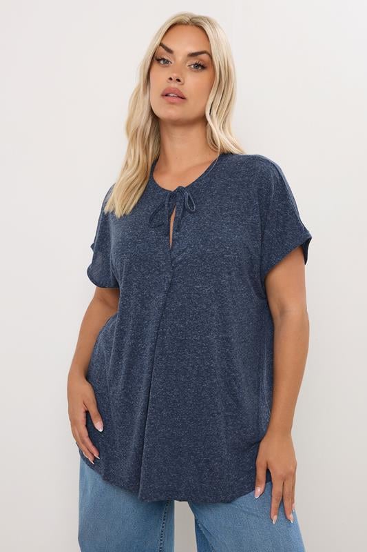 YOURS Curve Navy Blue Linen Marl Tie Front Top 5 YOURS Curve Navy Blue Linen Marl Tie Front Top