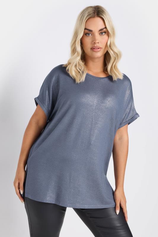YOURS Curve Blue Foil Short Sleeve Top