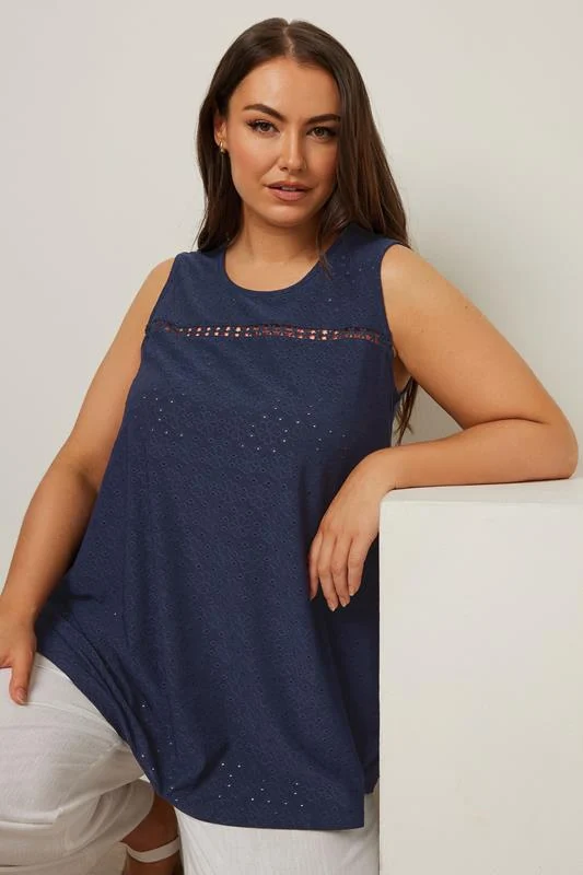 YOURS Curve Navy Blue Floral Broderie Anglaise Vest Top