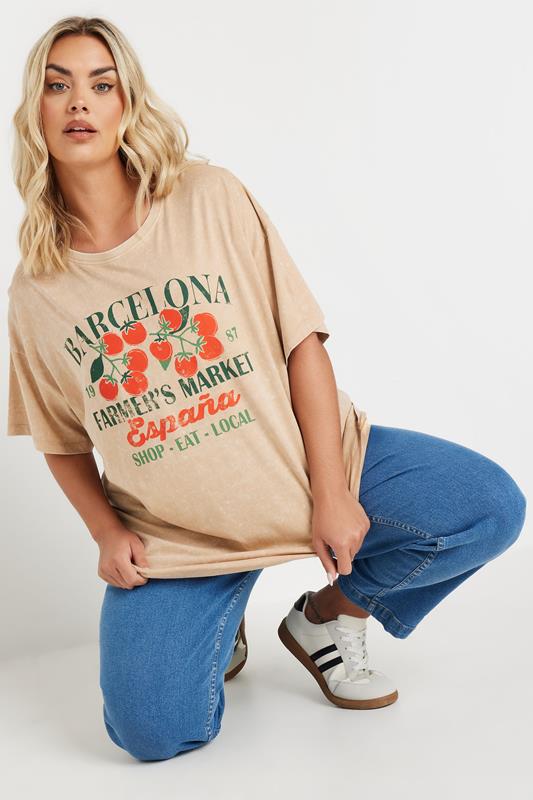 YOURS Curve Natural Brown'Barcelona' Slogan T-Shirt