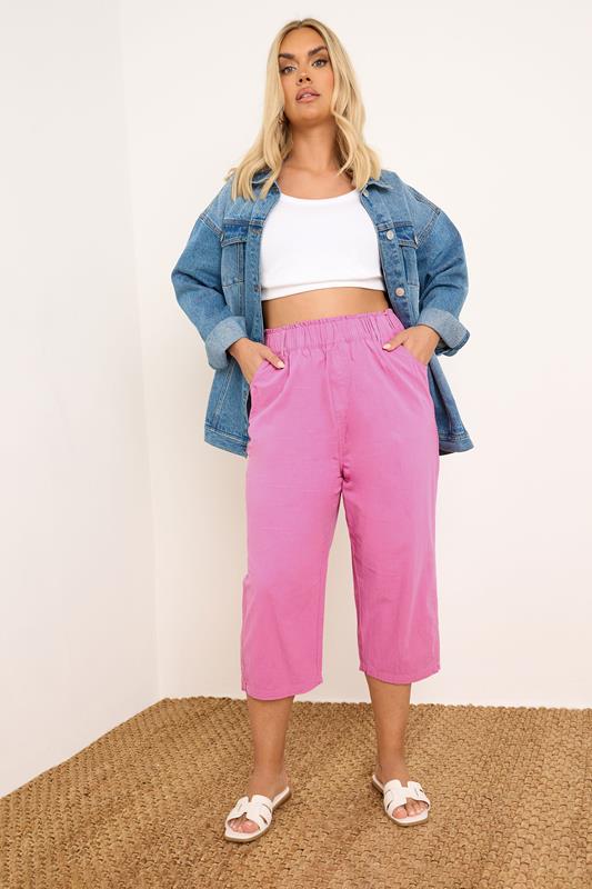 YOURS Curve Hot Pink Cool Cotton Cropped Trousers