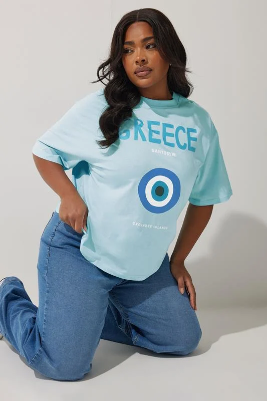 LIMITED COLLECTION Curve Blue'Greece' Graphic Boxy T-Shirt