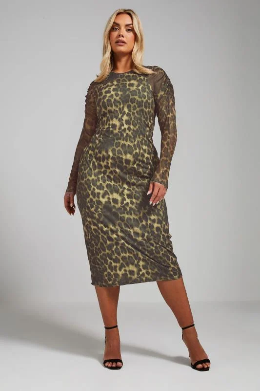 LIMITED COLLECTION Curve Brown Leopard Print Ruched Sleeve Midi Dress