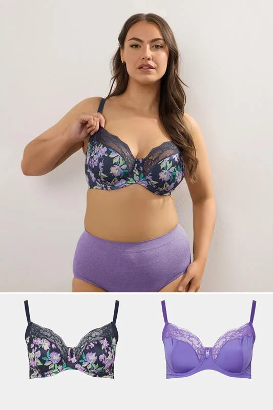 YOURS 2 PACK Curve Black & Purple Floral Underwired Bras