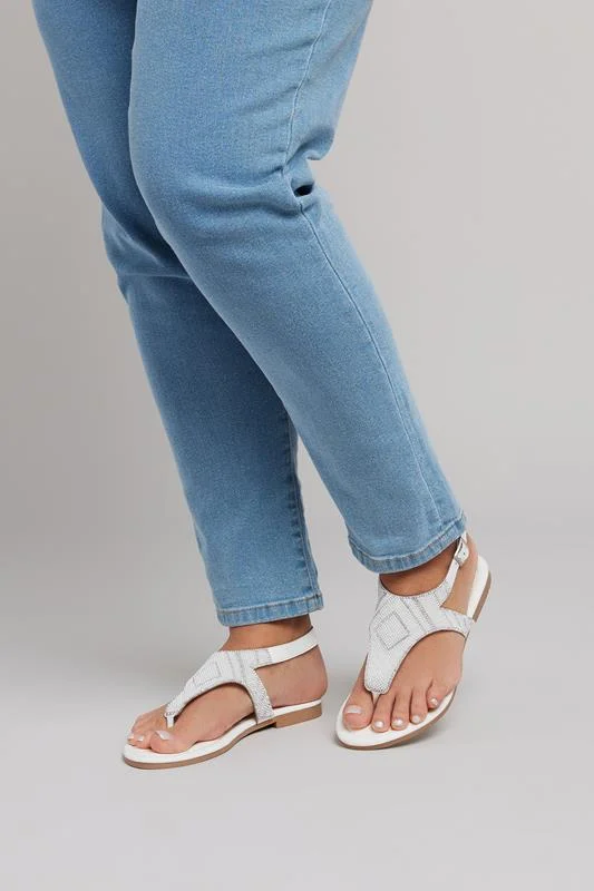 White Embellished T-Bar Sandals In Wide E & Extra Wide EEE Fit