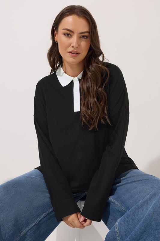 YOURS Curve Black Rugby Collar Top