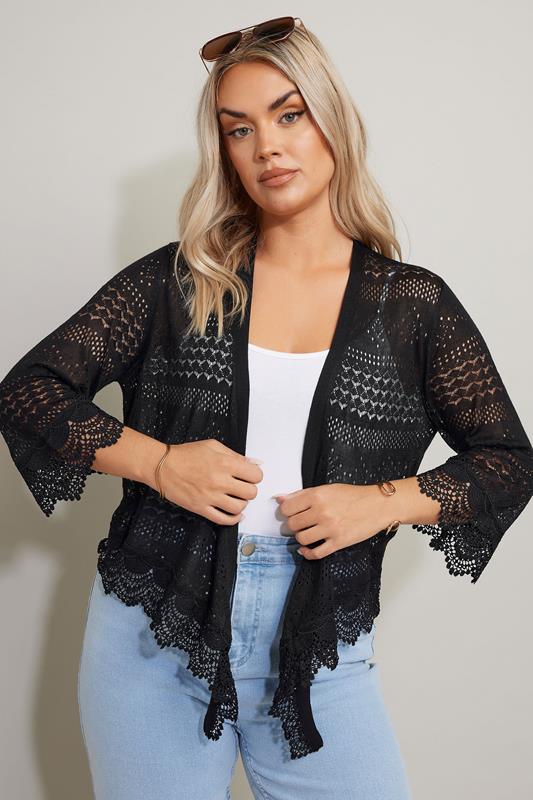 YOURS Curve Black Crochet Waterfall Cardigan