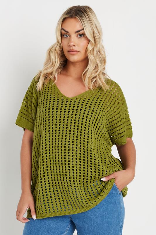 YOURS Curve Green Crochet Short Sleeve Top