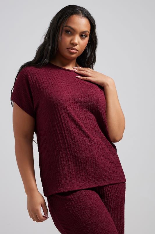 LIMITED COLLECTION Curve Burgundy Red Textured Short Sleeve Top