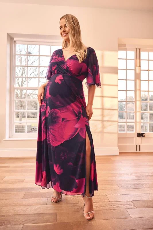 YOURS LONDON Curve Pink Floral Mesh Wrap Maxi Dress
