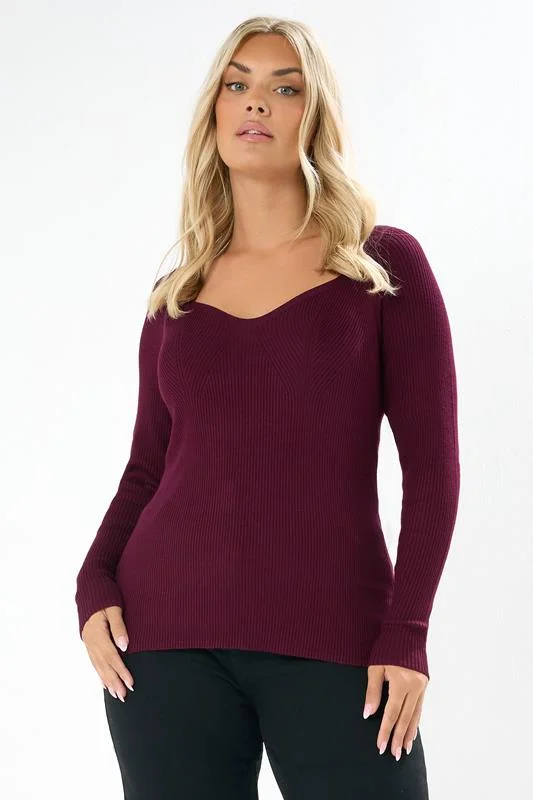 YOURS Curve Burgundy Red Sweetheart Neck Jumper