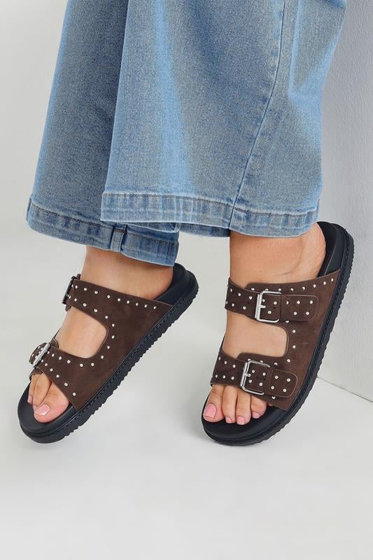 Brown Studded Buckle Strap Sandals In Extra Wide EEE Fit