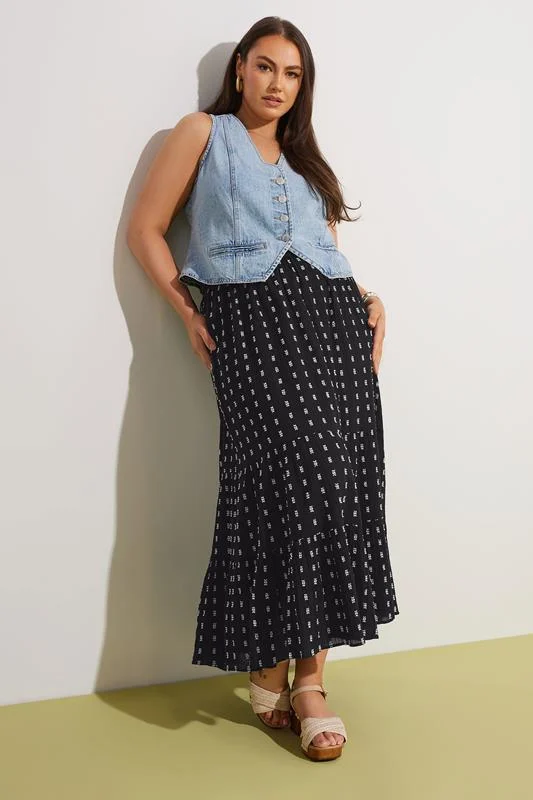 YOURS Curve Black & White Dobby Tiered Maxi Skirt