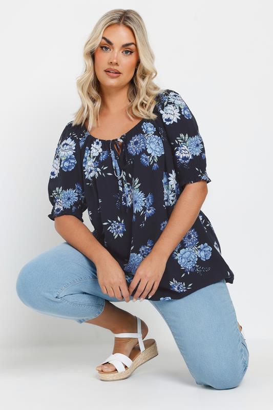 YOURS Curve Navy Blue Floral Tie Neck Top