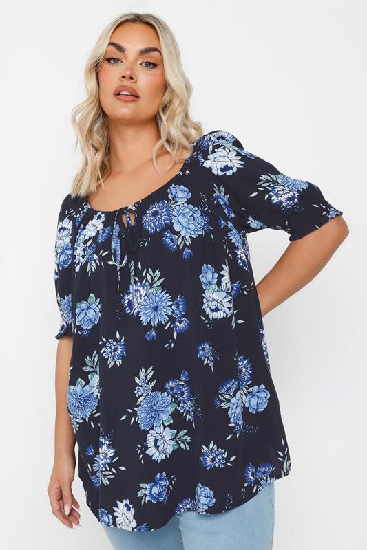 YOURS Curve Navy Blue Floral Tie Neck Top 3 YOURS Curve Navy Blue Floral Tie Neck Top