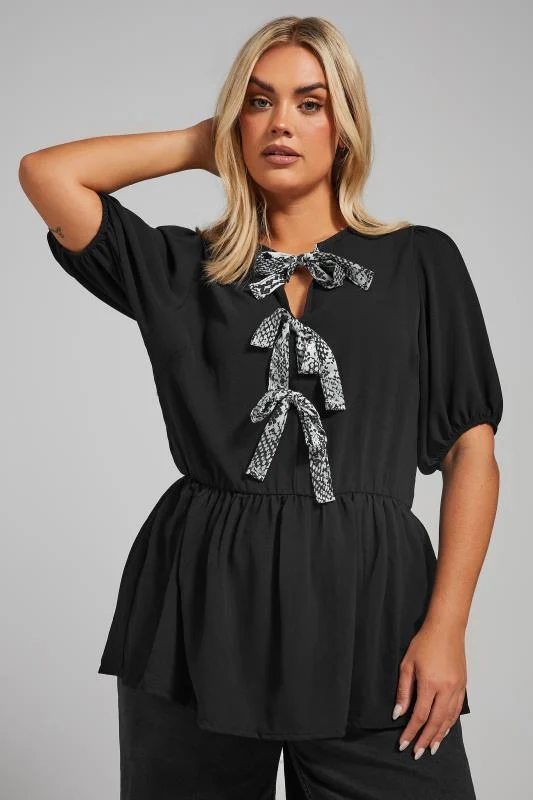 LIMITED COLLECTION Curve Black Snake Print Bow Tie Front Top