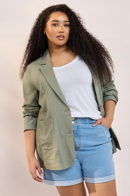YOURS Curve Khaki Green Relaxed Linen Blazer