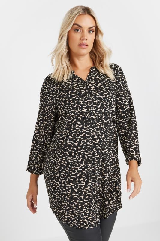YOURS Curve Black & Natural Brown Animal Print Button Shirt