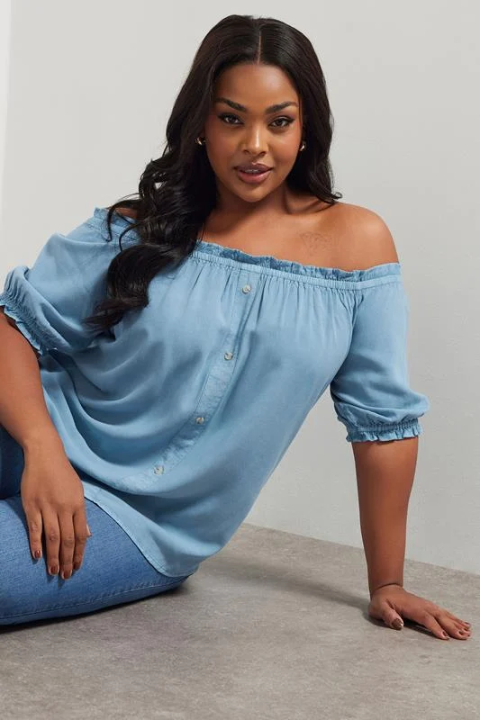YOURS Curve Blue Chambray Button Detail Bardot Top