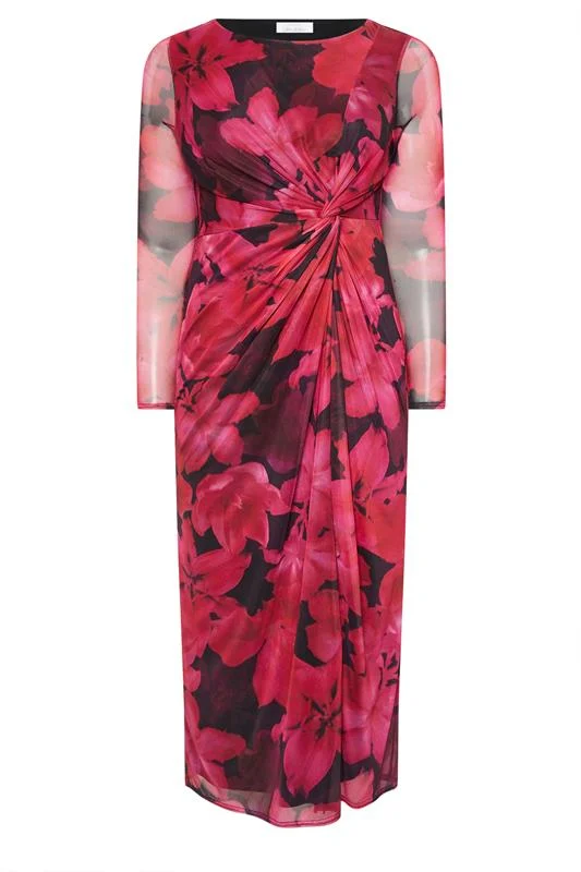 YOURS LONDON Curve Pink Floral Mesh Side Knot Maxi Dress