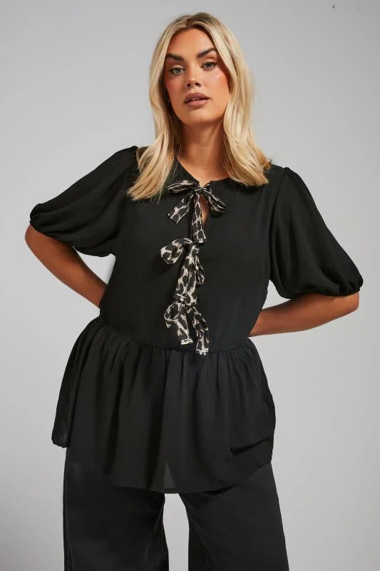 LIMITED COLLECTION Curve Black Leopard Print Bow Tie Front Top