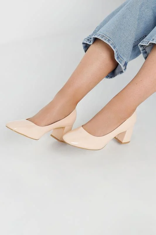 Nude Patent Mid Block Heel Court Shoes In Extra Wide EEE Fit