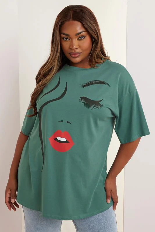 YOURS Curve Green Abstract Face Print Top