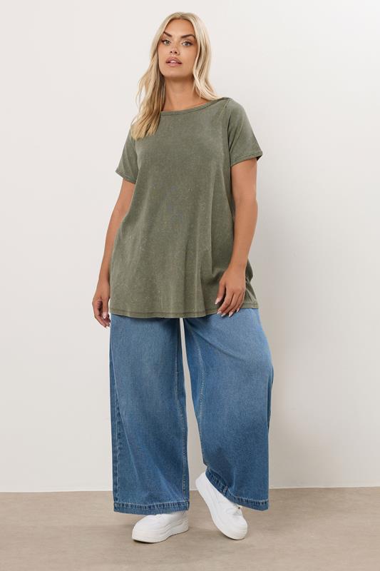 YOURS Curve Khaki Green Acid Wash Ribbed Swing T-Shirt 3 YOURS Curve Khaki Green Acid Wash Ribbed Swing T-Shirt