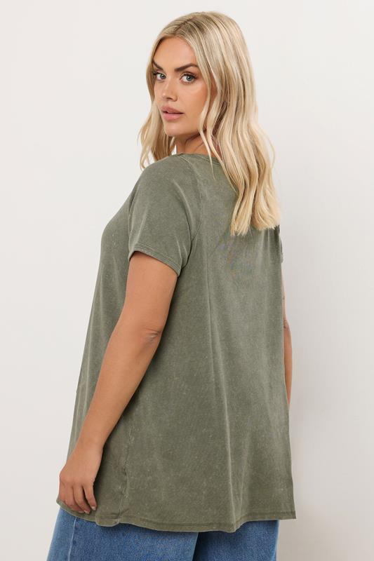 YOURS Curve Khaki Green Acid Wash Ribbed Swing T-Shirt 4 YOURS Curve Khaki Green Acid Wash Ribbed Swing T-Shirt