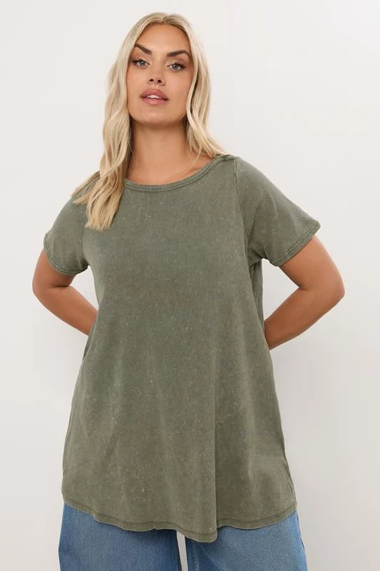 YOURS Curve Khaki Green Acid Wash Ribbed Swing T-Shirt 5 YOURS Curve Khaki Green Acid Wash Ribbed Swing T-Shirt